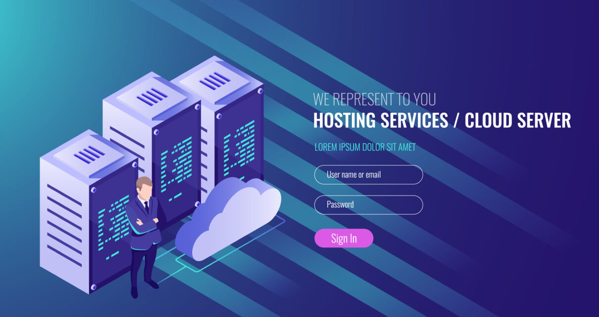 Cloud hosting illustration with servers and login interface.